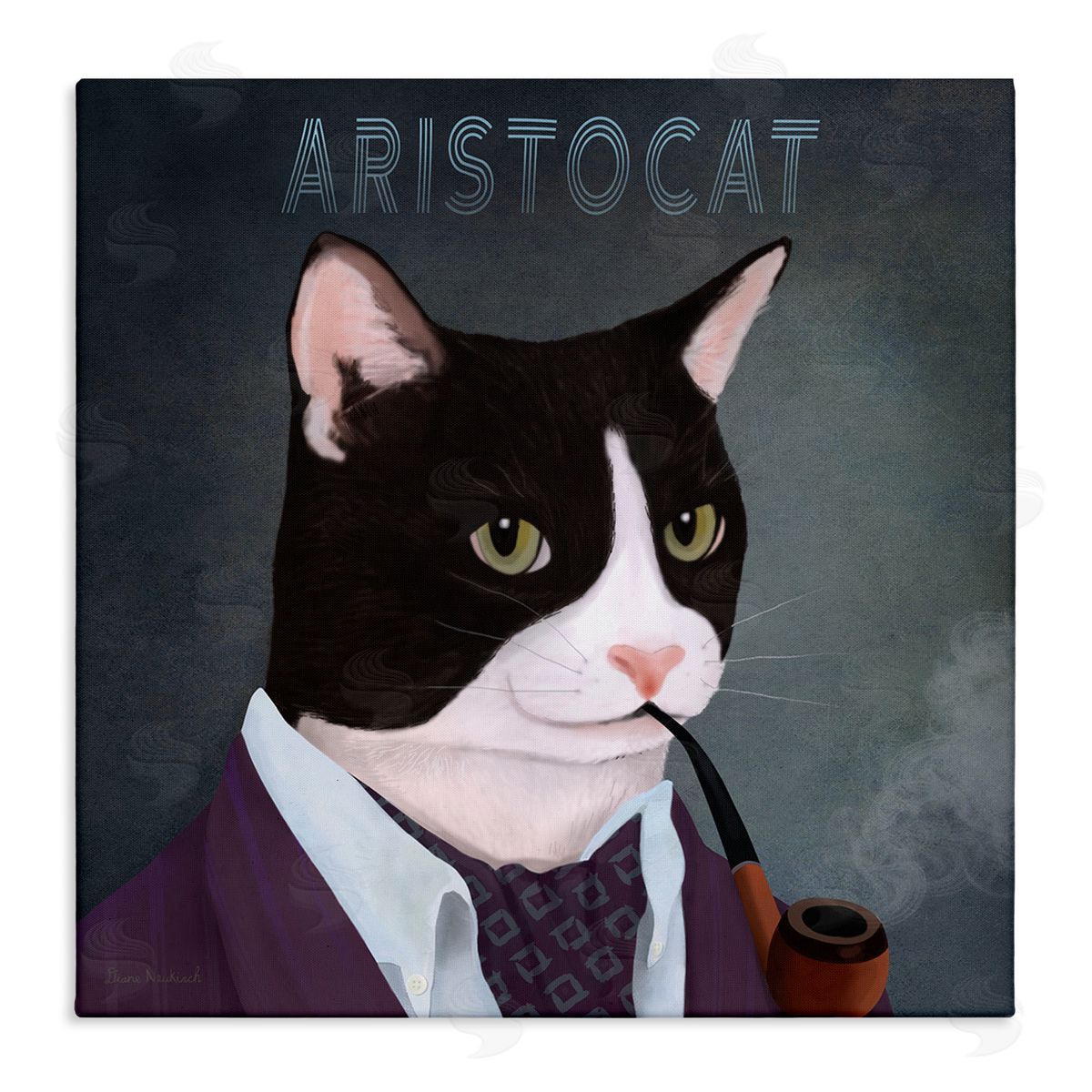 Diane Neukirch Aristocat Witty Smiling Cat Portrait Smoking Pipe  Stretched Canvas Wall Art Print