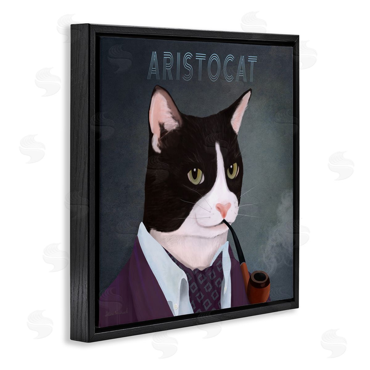 Diane Neukirch Aristocat Witty Smiling Cat Portrait Smoking Pipe Black Floating Frame Canvas Wall Art Print