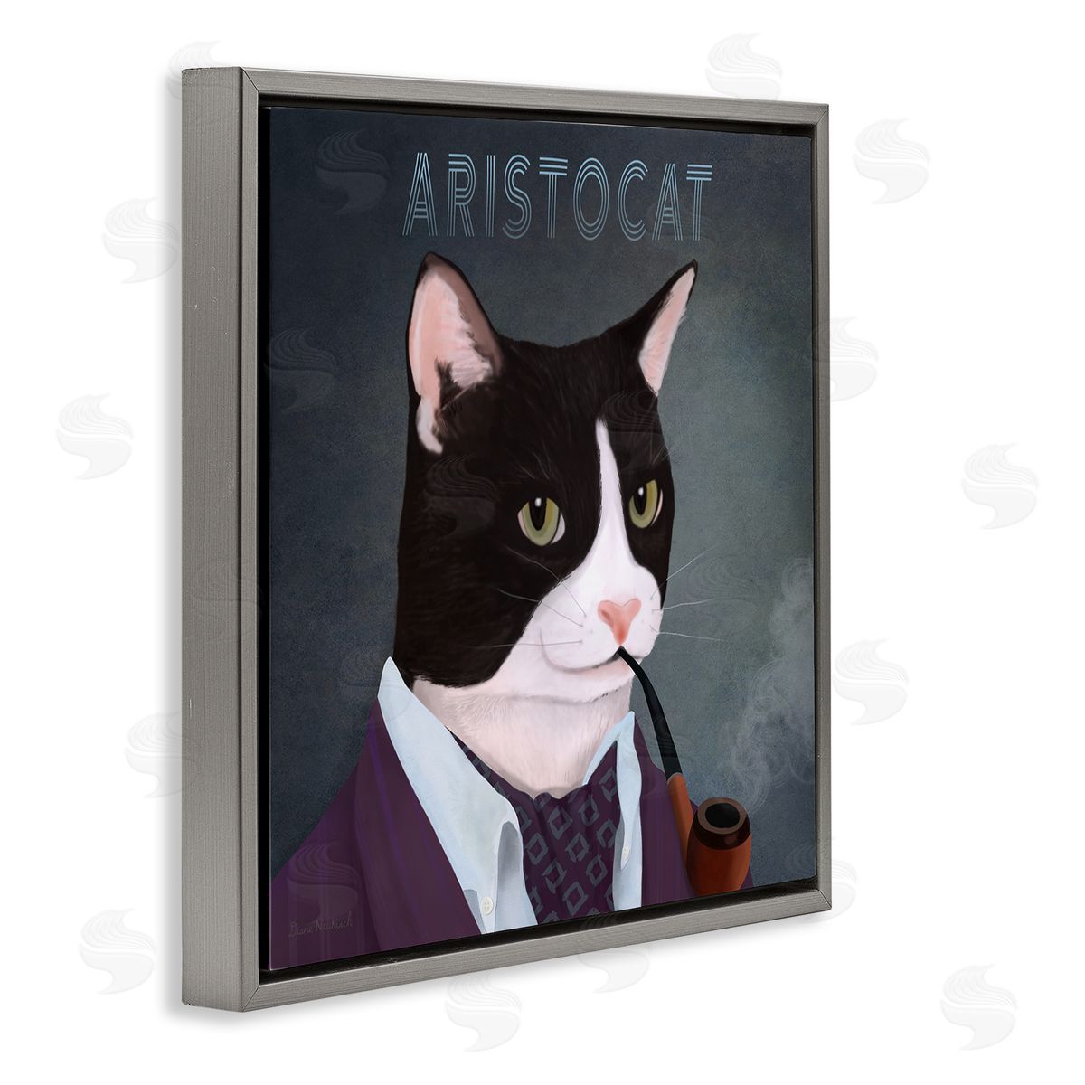 Diane Neukirch Aristocat Witty Smiling Cat Portrait Smoking Pipe Gray Floating Frame Canvas Wall Art Print