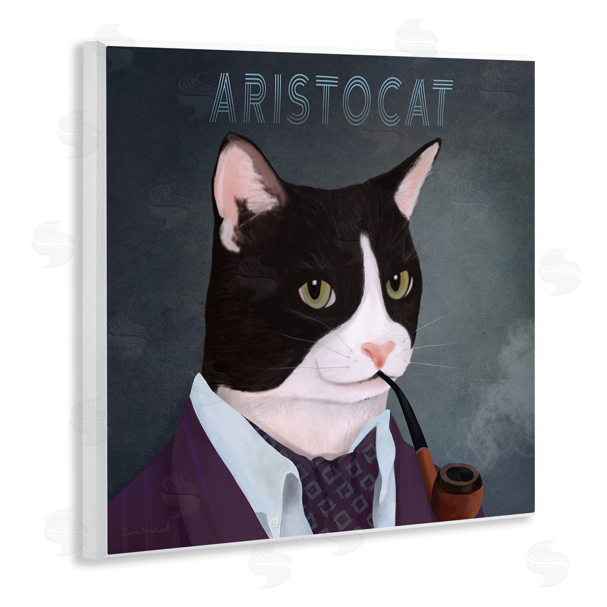 Diane Neukirch Aristocat Witty Smiling Cat Portrait Smoking Pipe Wooden Wall Plaque Art Print