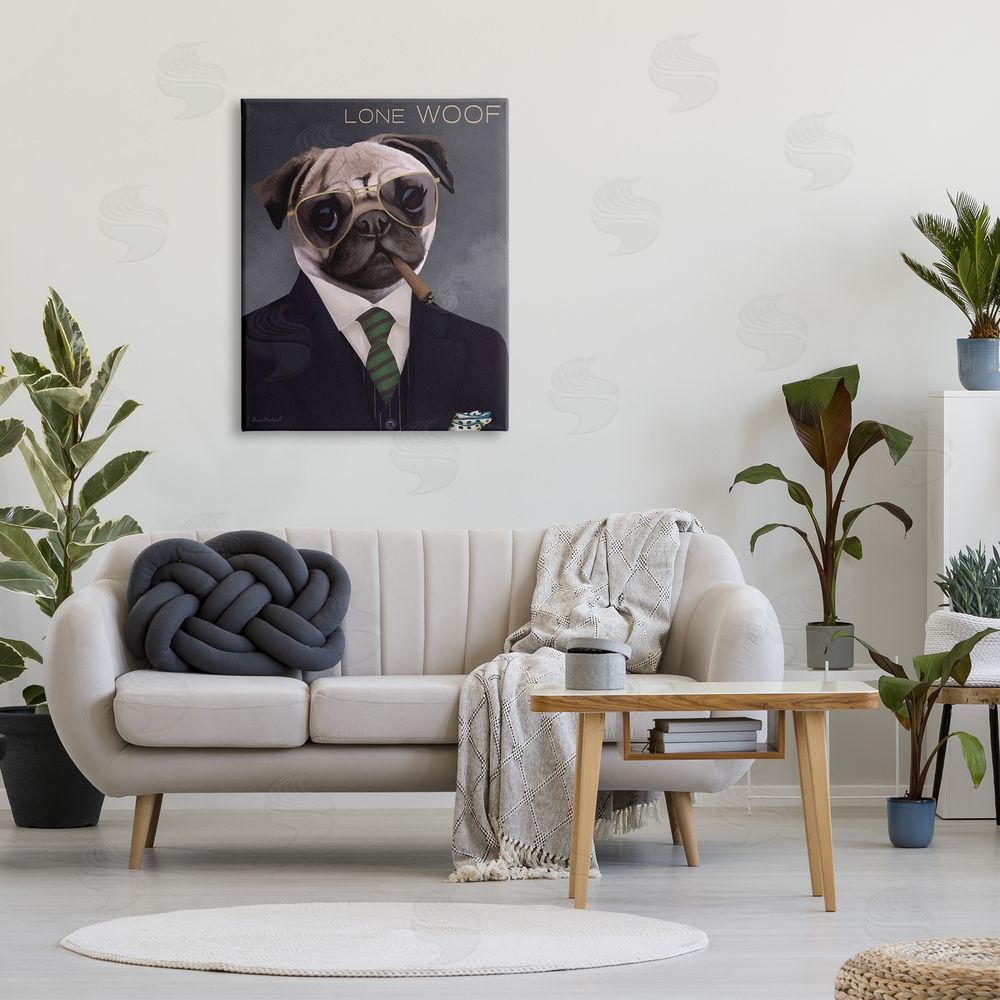 Diane Neukirch Lone Woof Pug Dog Smoking Cigar Necktie  Canvas Wall Art Print in Room