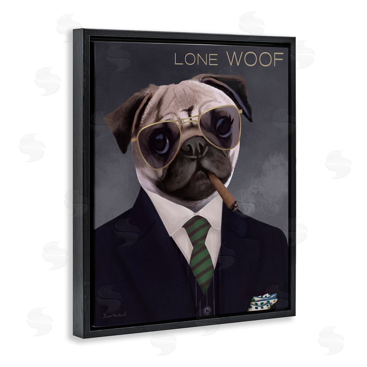 Diane Neukirch Lone Woof Pug Dog Smoking Cigar Necktie  Black Floating Frame Canvas Wall Art Print