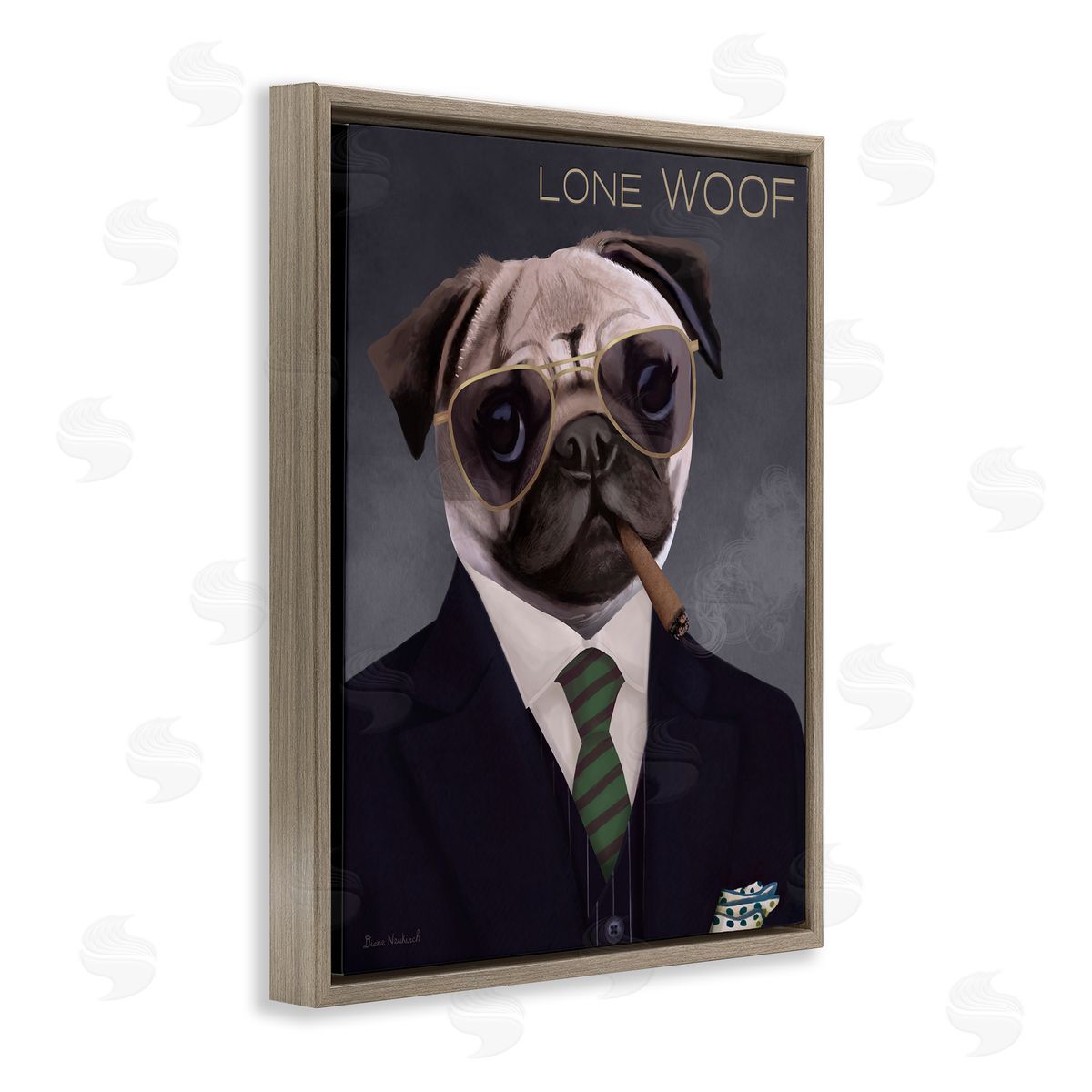 Diane Neukirch Lone Woof Pug Dog Smoking Cigar Necktie  Brown Floating Frame Canvas Wall Art Print