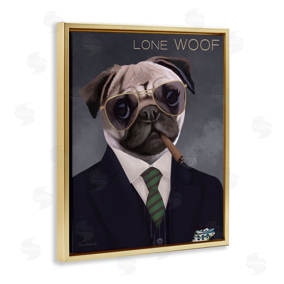 Diane Neukirch Lone Woof Pug Dog Smoking Cigar Necktie  Gold Floating Frame Canvas Wall Art Print