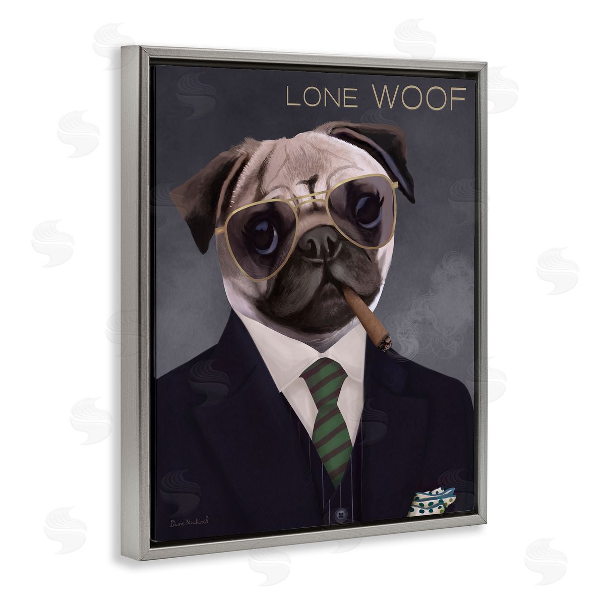 Diane Neukirch Lone Woof Pug Dog Smoking Cigar Necktie  Gray Floating Frame Canvas Wall Art Print