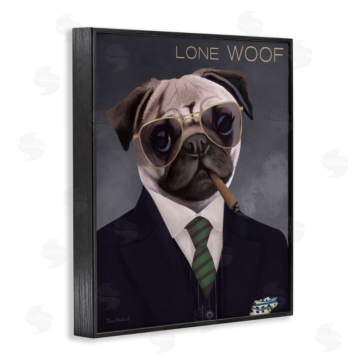 Diane Neukirch Lone Woof Pug Dog Smoking Cigar Necktie  Black Framed Giclee Wall Art Print