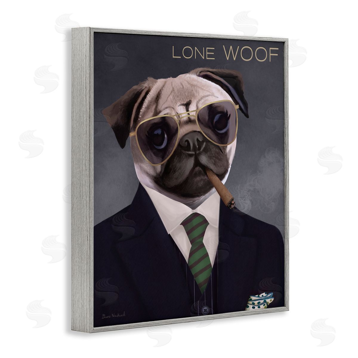 Diane Neukirch Lone Woof Pug Dog Smoking Cigar Necktie  Gray Framed Giclee Wall Art Print