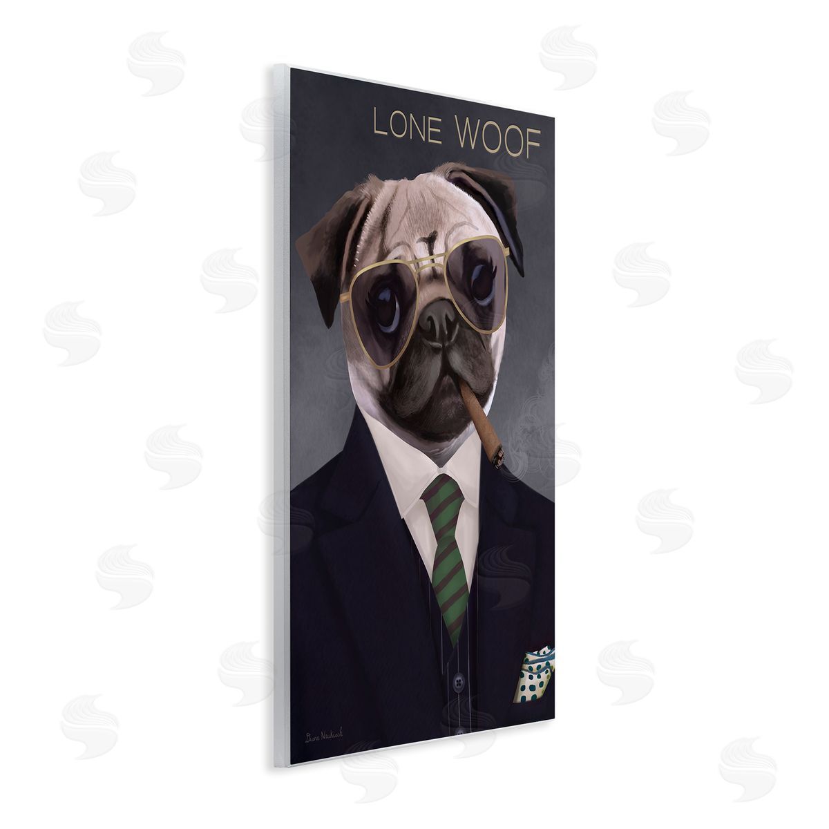 Diane Neukirch Lone Woof Pug Dog Smoking Cigar Necktie  Wall Plaque Art Print