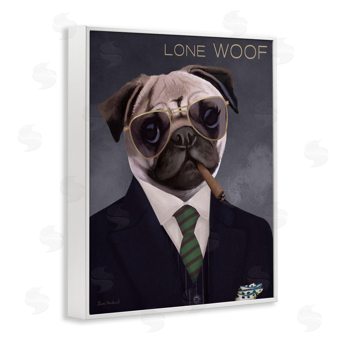 Diane Neukirch Lone Woof Pug Dog Smoking Cigar Necktie  White Framed Giclee Wall Art Print