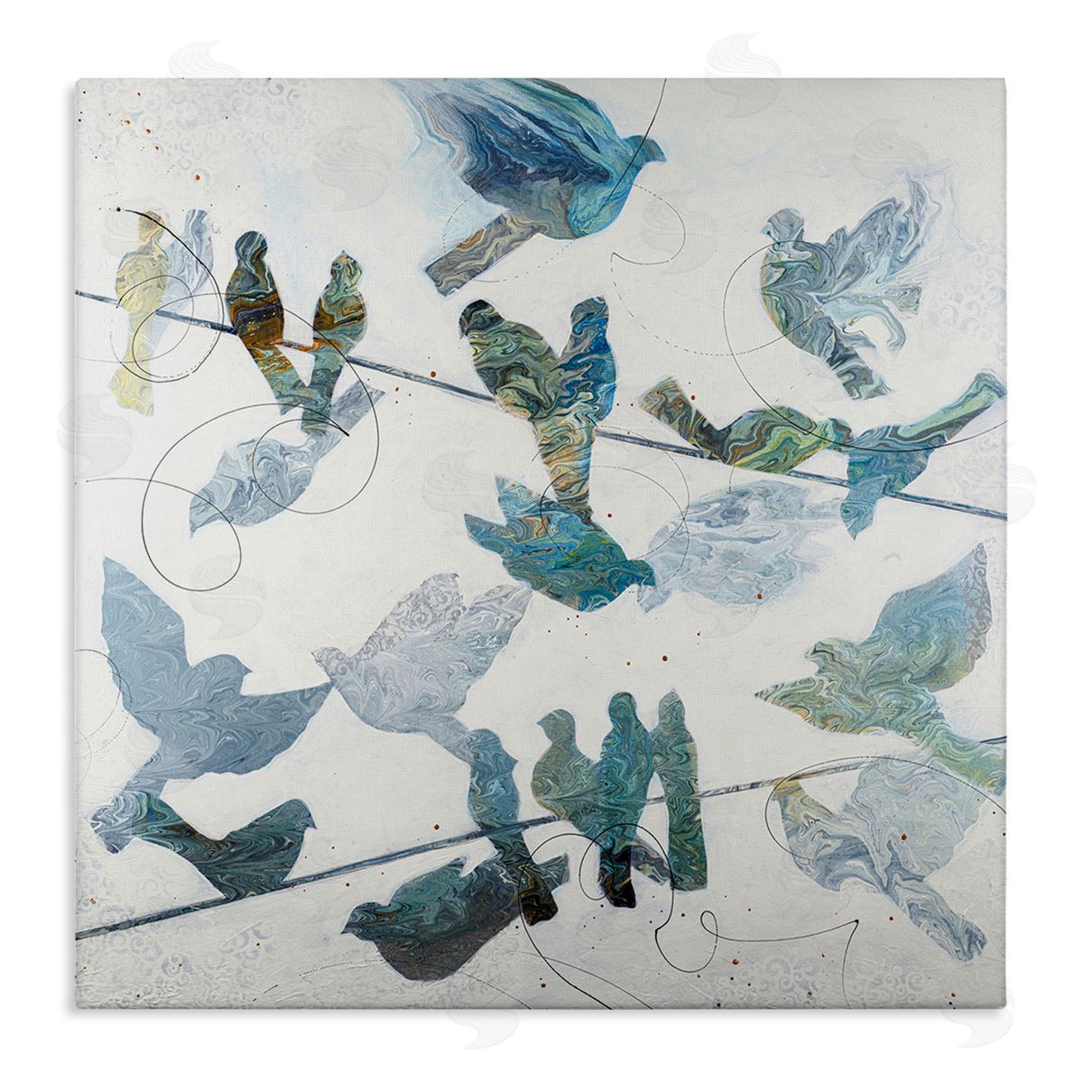 Ruth Fromstein Marbled Blue Birds Telephone Wire Speckled Collage  Stretched Canvas Wall Art Print