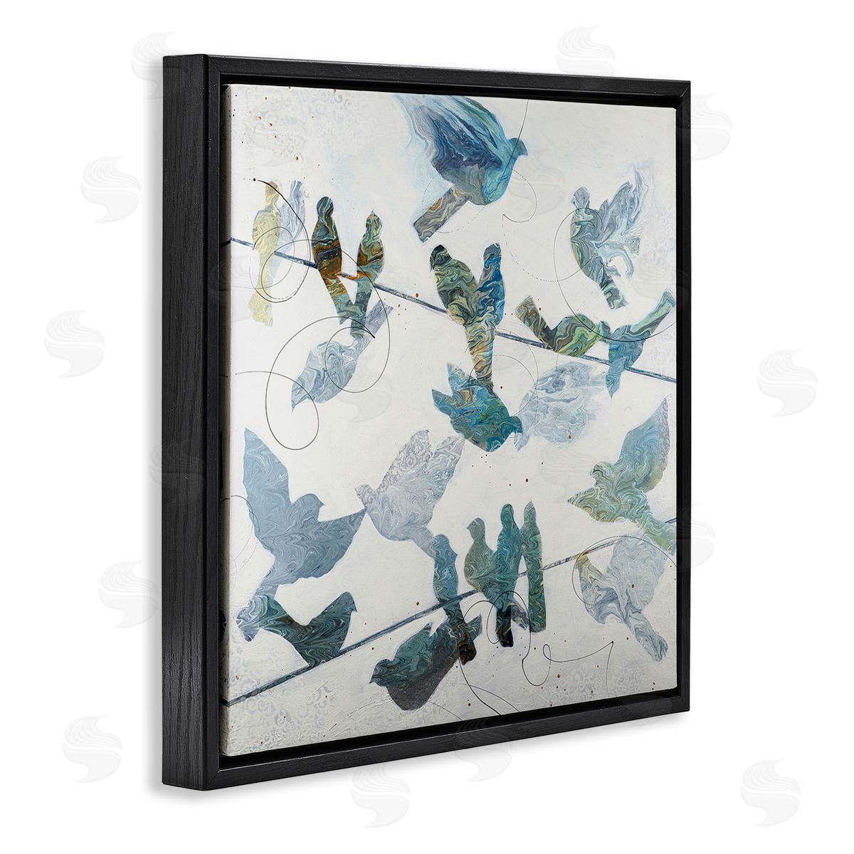 Ruth Fromstein Marbled Blue Birds Telephone Wire Speckled Collage  Black Floating Frame Canvas Wall Art Print