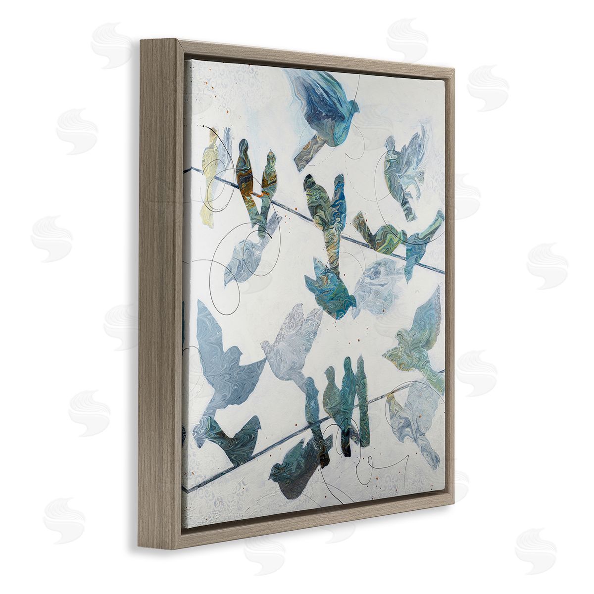 Ruth Fromstein Marbled Blue Birds Telephone Wire Speckled Collage  Brown Floating Frame Canvas Wall Art Print
