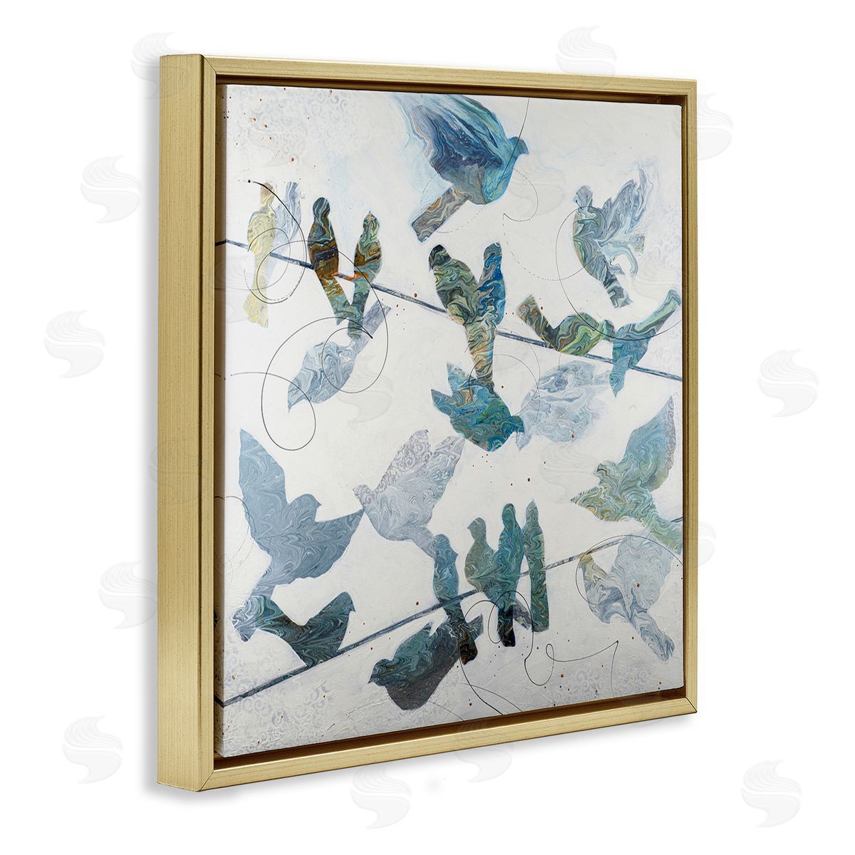 Ruth Fromstein Marbled Blue Birds Telephone Wire Speckled Collage  Gold Floating Frame Canvas Wall Art Print