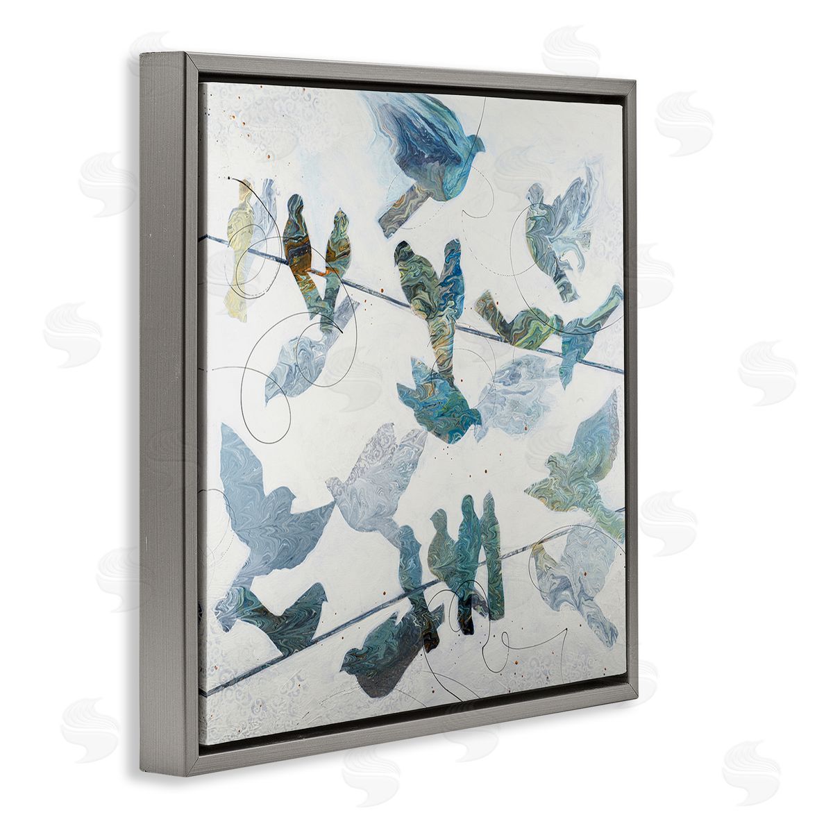 Ruth Fromstein Marbled Blue Birds Telephone Wire Speckled Collage  Gray Floating Frame Canvas Wall Art Print