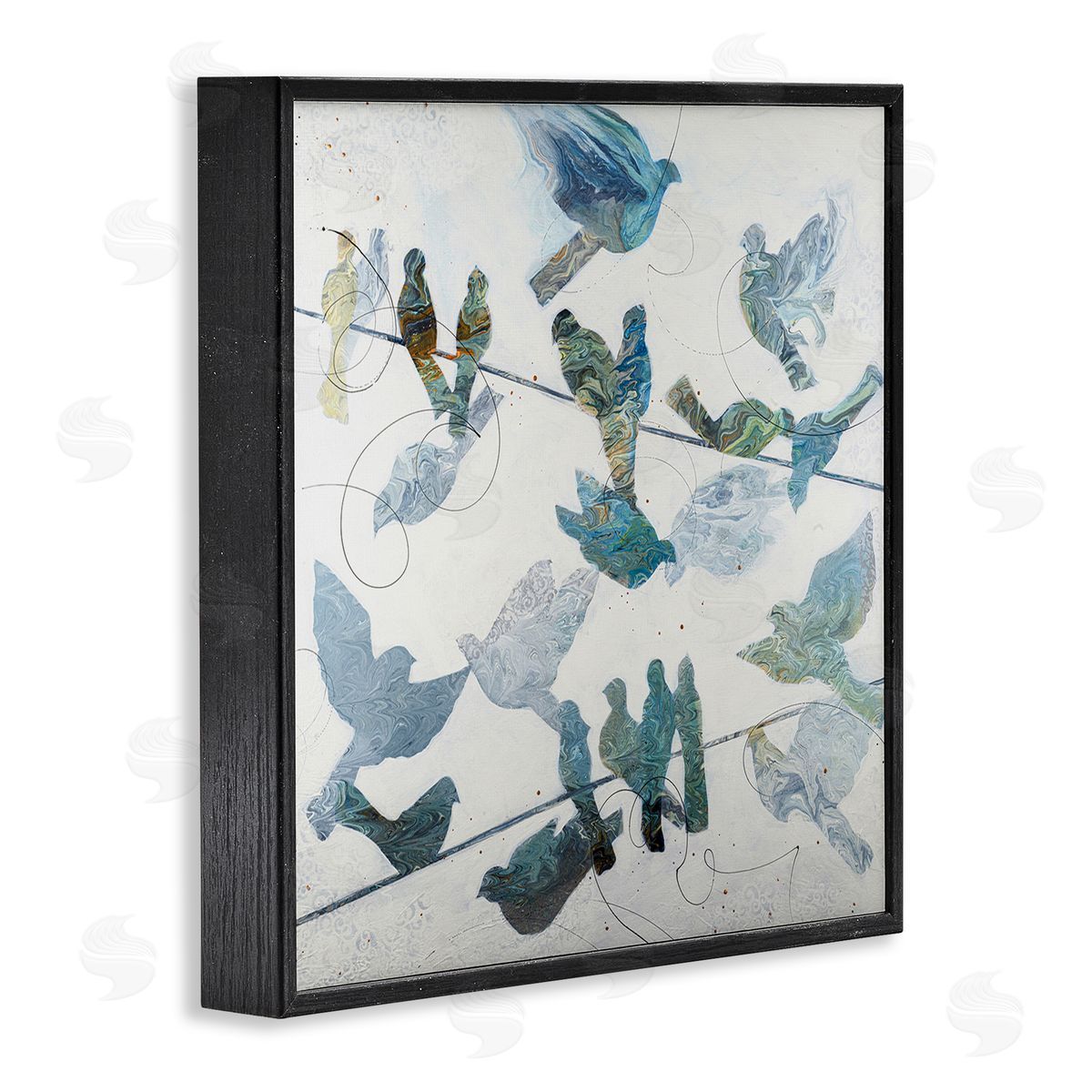 Ruth Fromstein Marbled Blue Birds Telephone Wire Speckled Collage  Black Framed Glicee Wall Art Print