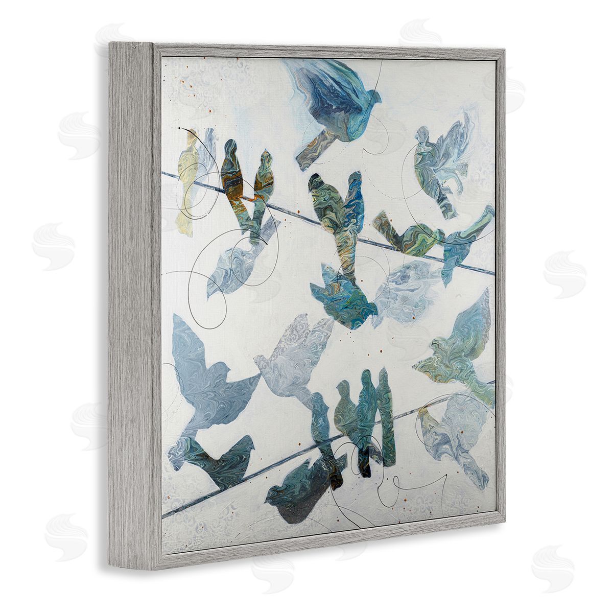 Ruth Fromstein Marbled Blue Birds Telephone Wire Speckled Collage  Gray Framed Glicee Wall Art Print
