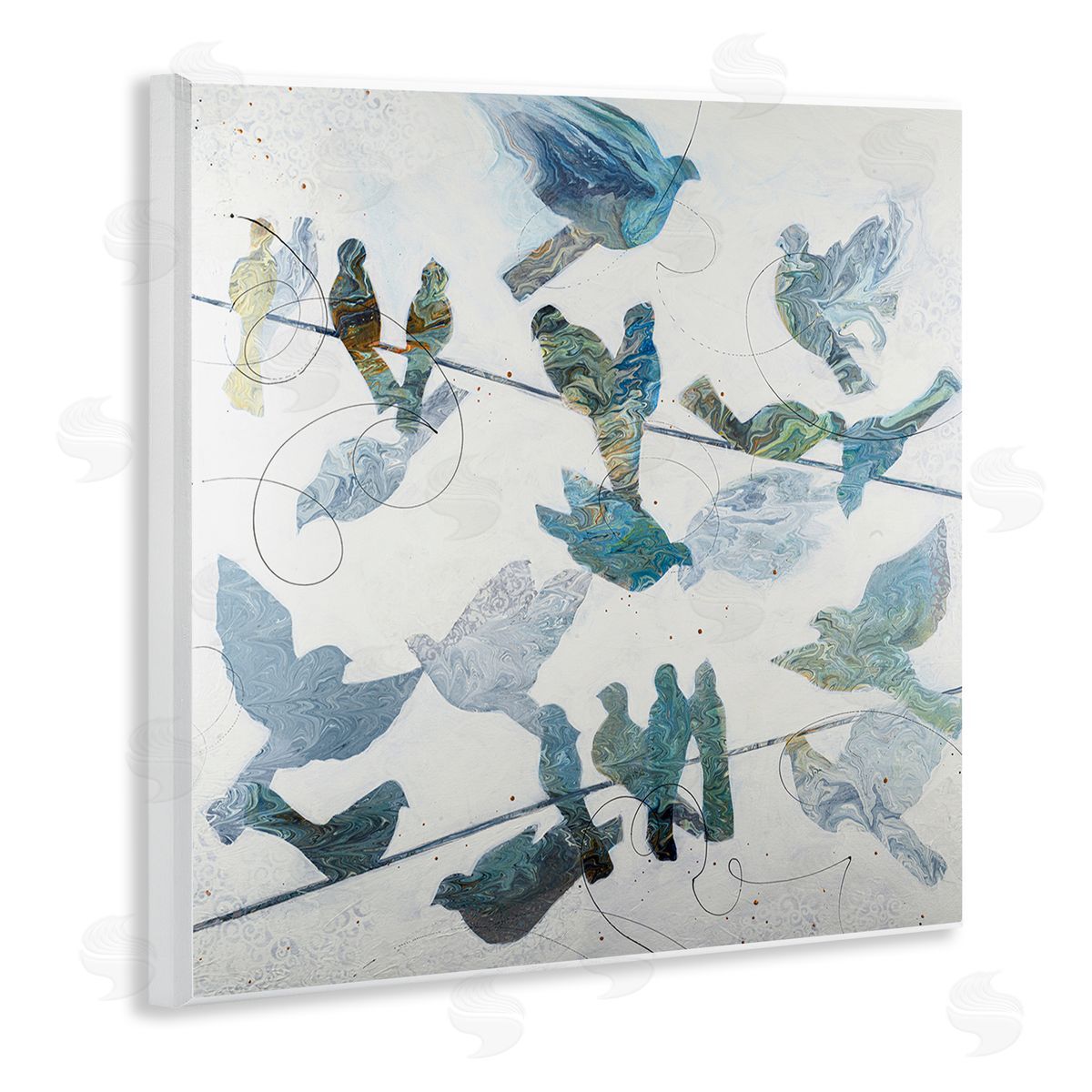 Ruth Fromstein Marbled Blue Birds Telephone Wire Speckled Collage  Wooden Wall Plaque Art Print