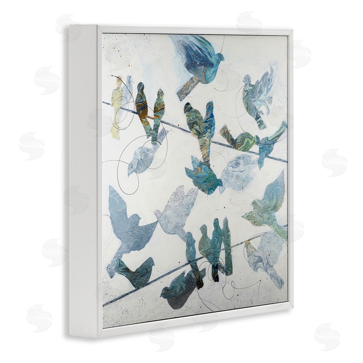 Ruth Fromstein Marbled Blue Birds Telephone Wire Speckled Collage  White Framed Glicee Wall Art Print