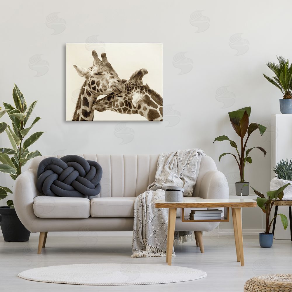 Carrie Ann Grippo-Pike Sweet Cuddling Giraffes Sepia Wildlife Photography Portrait Canvas Wall Art Print in Room