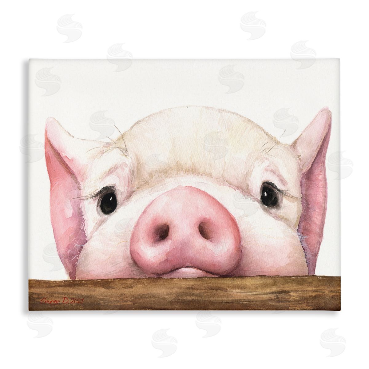 George Dyachenko Sweet Pink Pig Resting Snout Farm Animal Illustration Stretched Canvas Wall Art Print