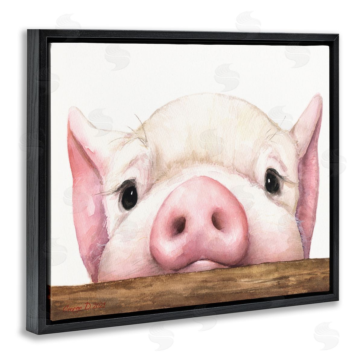 George Dyachenko Sweet Pink Pig Resting Snout Farm Animal Illustration Black Floating Frame Canvas Wall Art Print