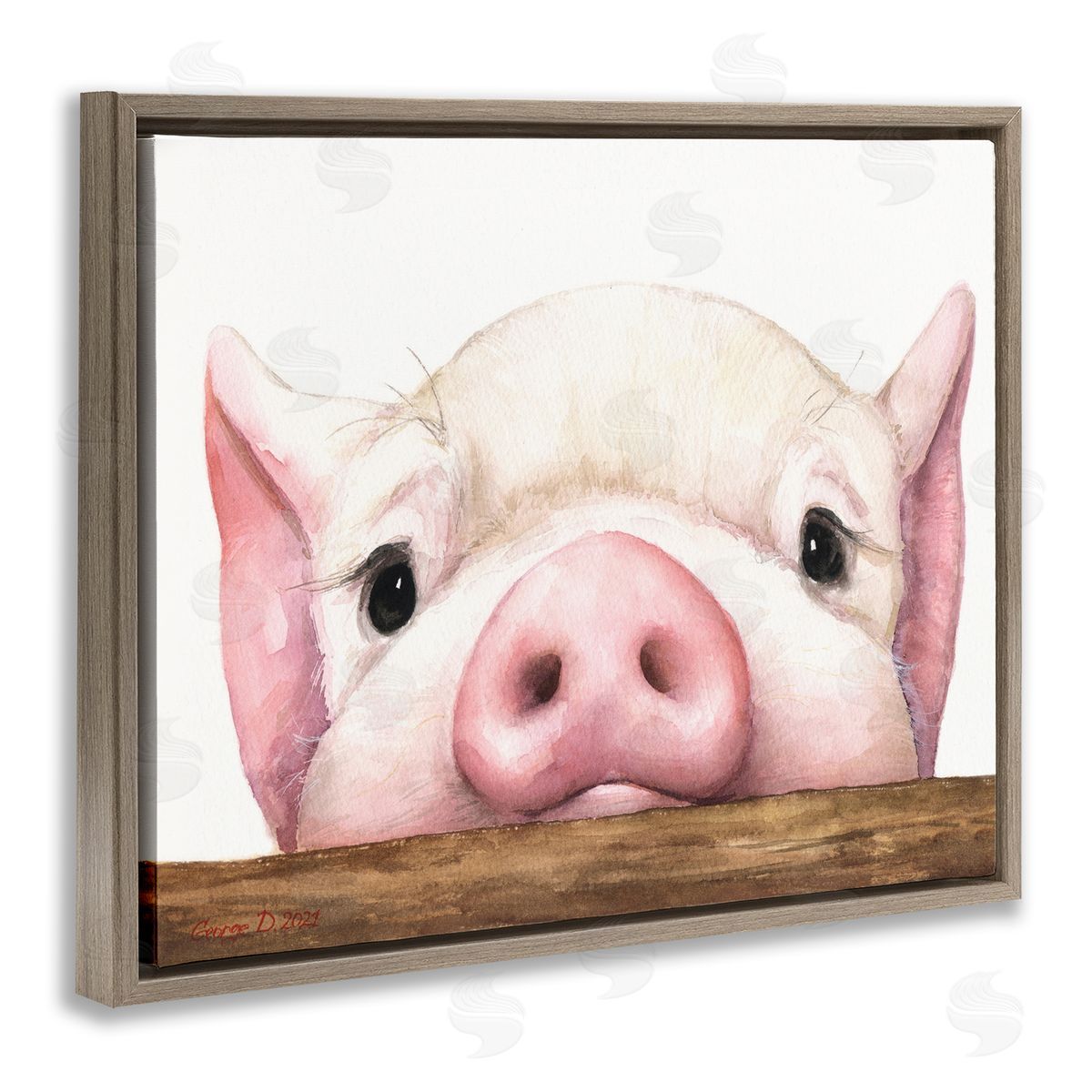 George Dyachenko Sweet Pink Pig Resting Snout Farm Animal Illustration Brown Floating Frame Canvas Wall Art Print