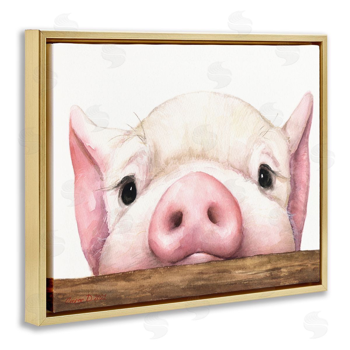 George Dyachenko Sweet Pink Pig Resting Snout Farm Animal Illustration Gold Floating Frame Canvas Wall Art Print