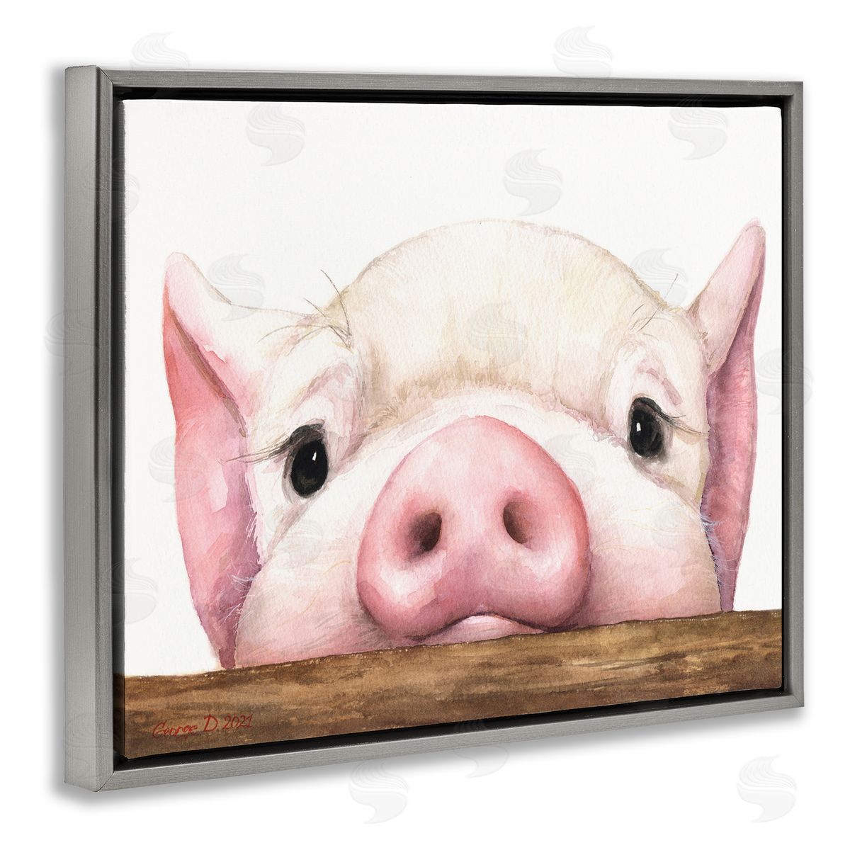 George Dyachenko Sweet Pink Pig Resting Snout Farm Animal Illustration Gray Floating Frame Canvas Wall Art Print