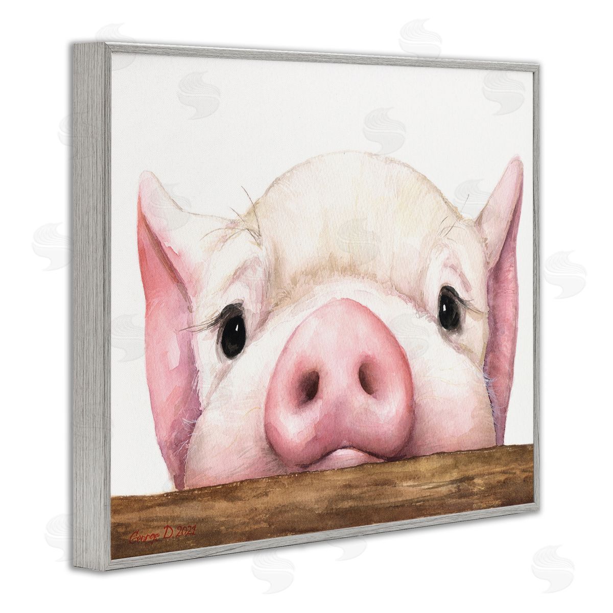 George Dyachenko Sweet Pink Pig Resting Snout Farm Animal Illustration Gray Framed Giclee Wall Art Print