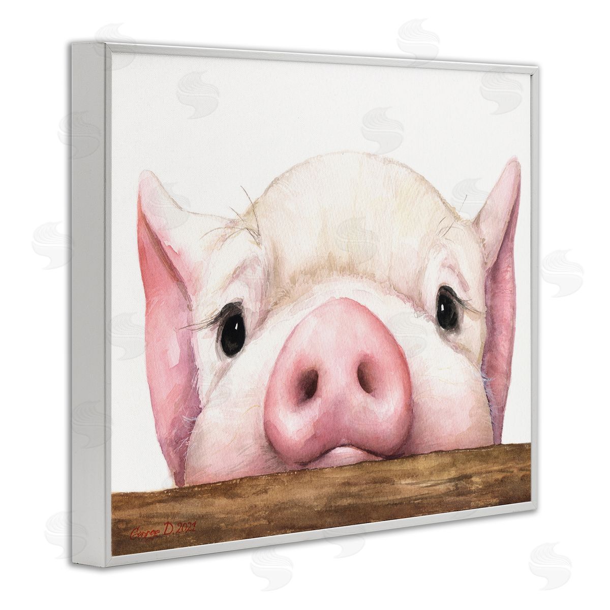 George Dyachenko Sweet Pink Pig Resting Snout Farm Animal Illustration White Framed Giclee Wall Art Print