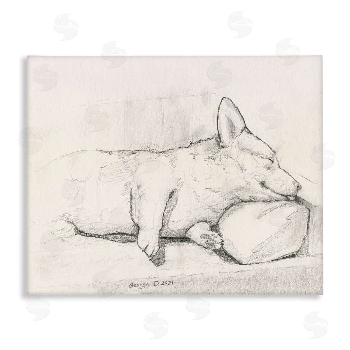 George Dyachenko Corgi Dog Lolling Tongue Graphite Pencil Sketch Stretched Canvas Wall Art Print