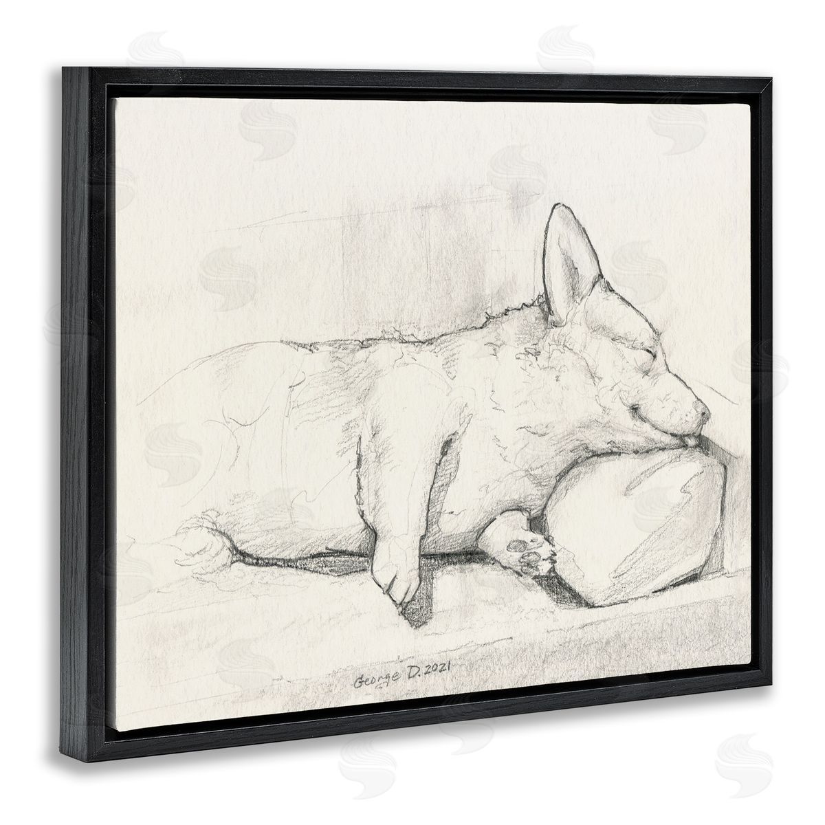 George Dyachenko Corgi Dog Lolling Tongue Graphite Pencil Sketch Black Floating Frame Canvas Wall Art Print