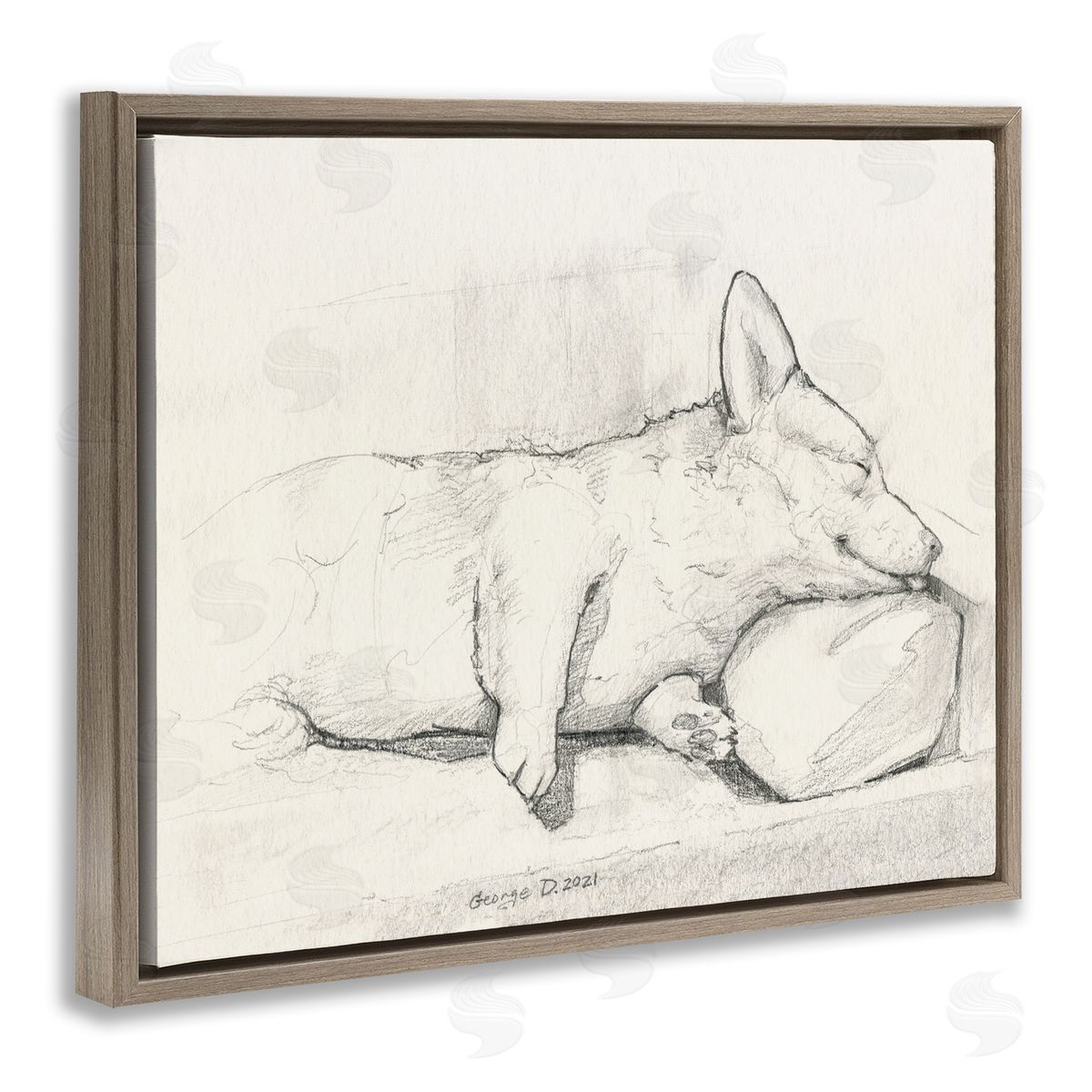 George Dyachenko Corgi Dog Lolling Tongue Graphite Pencil Sketch Brown Floating Frame Canvas Wall Art Print