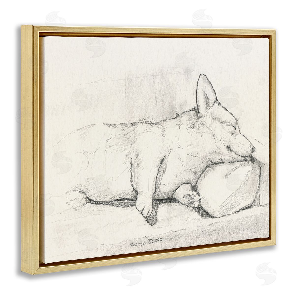 George Dyachenko Corgi Dog Lolling Tongue Graphite Pencil Sketch Gold Floating Frame Canvas Wall Art Print
