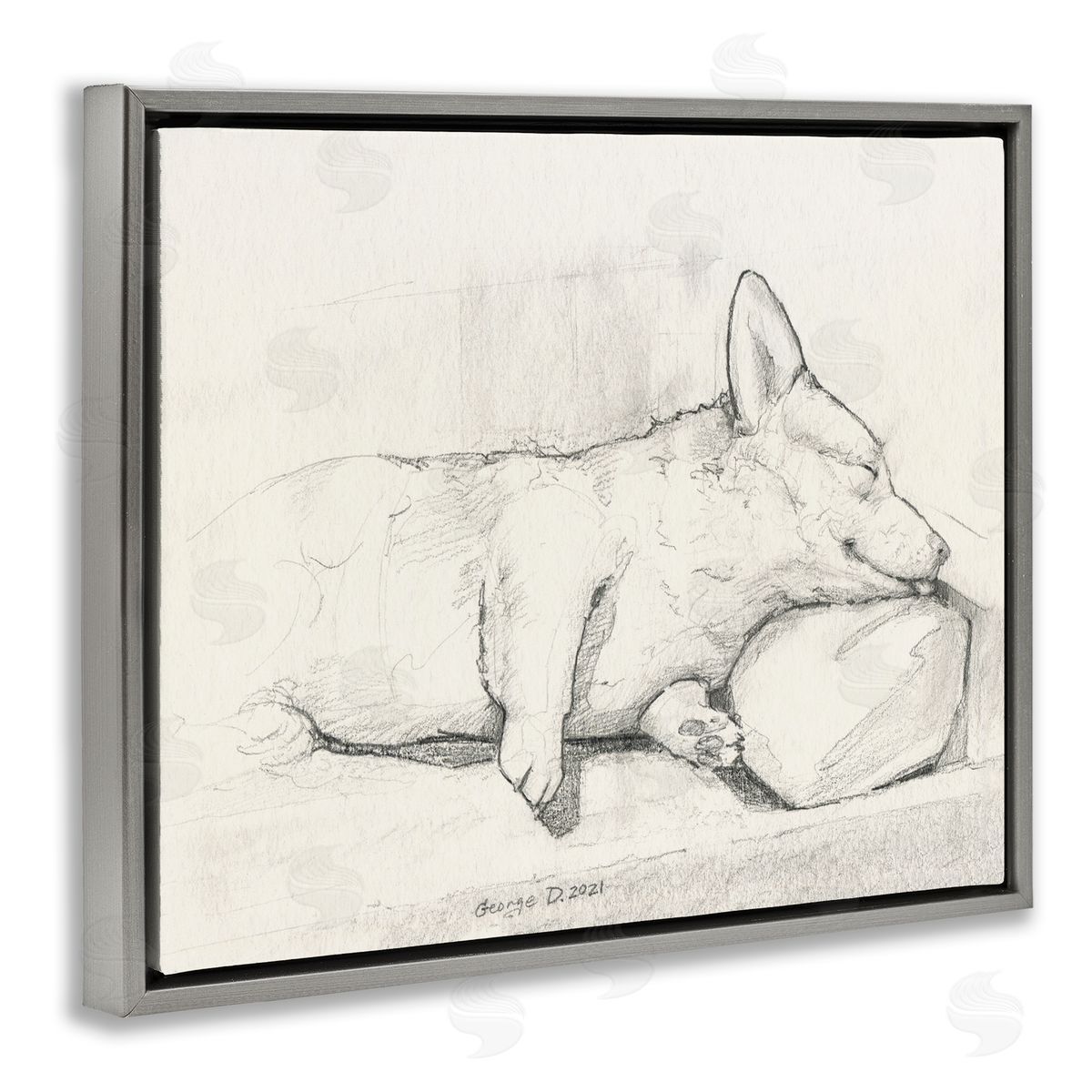 George Dyachenko Corgi Dog Lolling Tongue Graphite Pencil Sketch Gray Floating Frame Canvas Wall Art Print