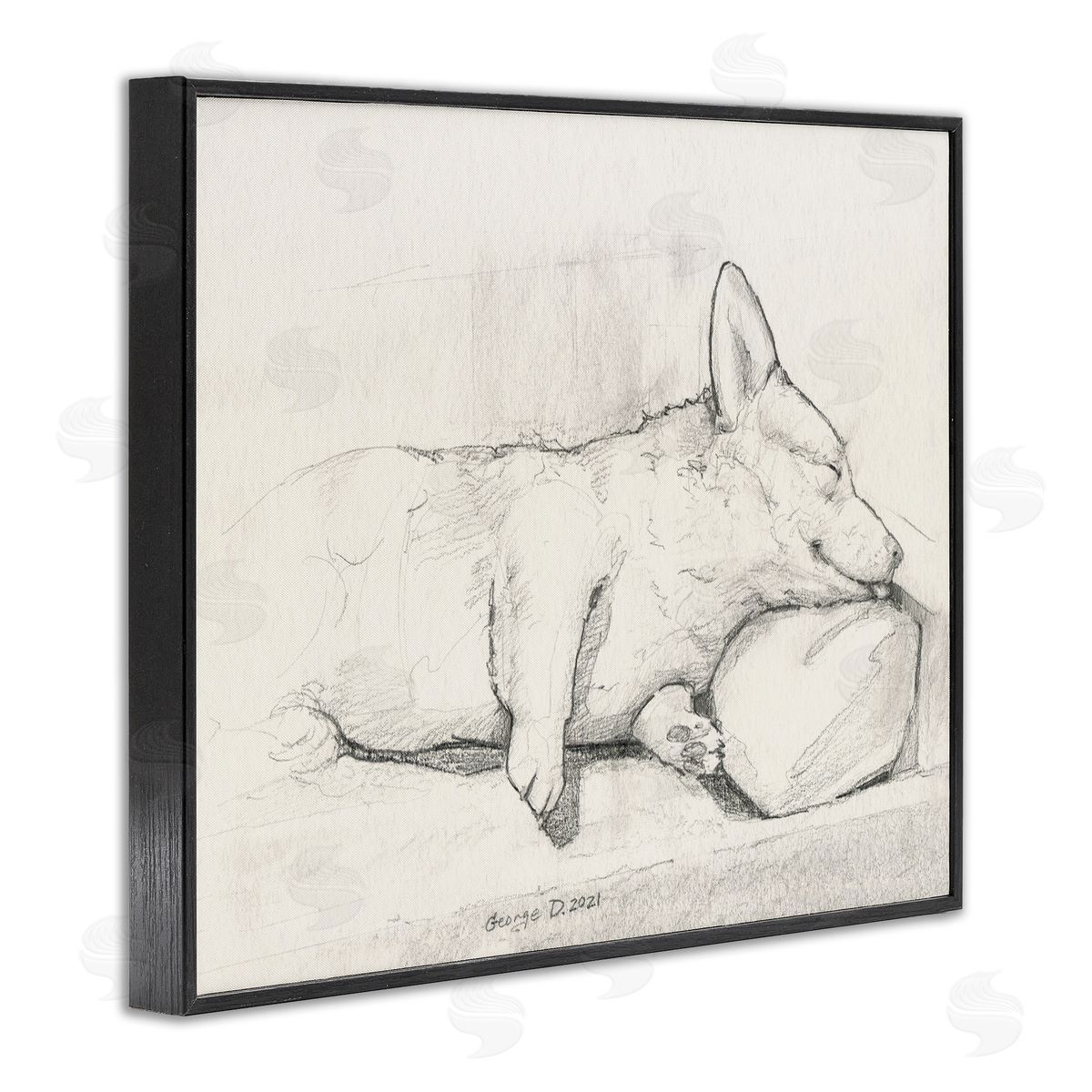 George Dyachenko Corgi Dog Lolling Tongue Graphite Pencil Sketch Black Framed Giclee Wall Art Print