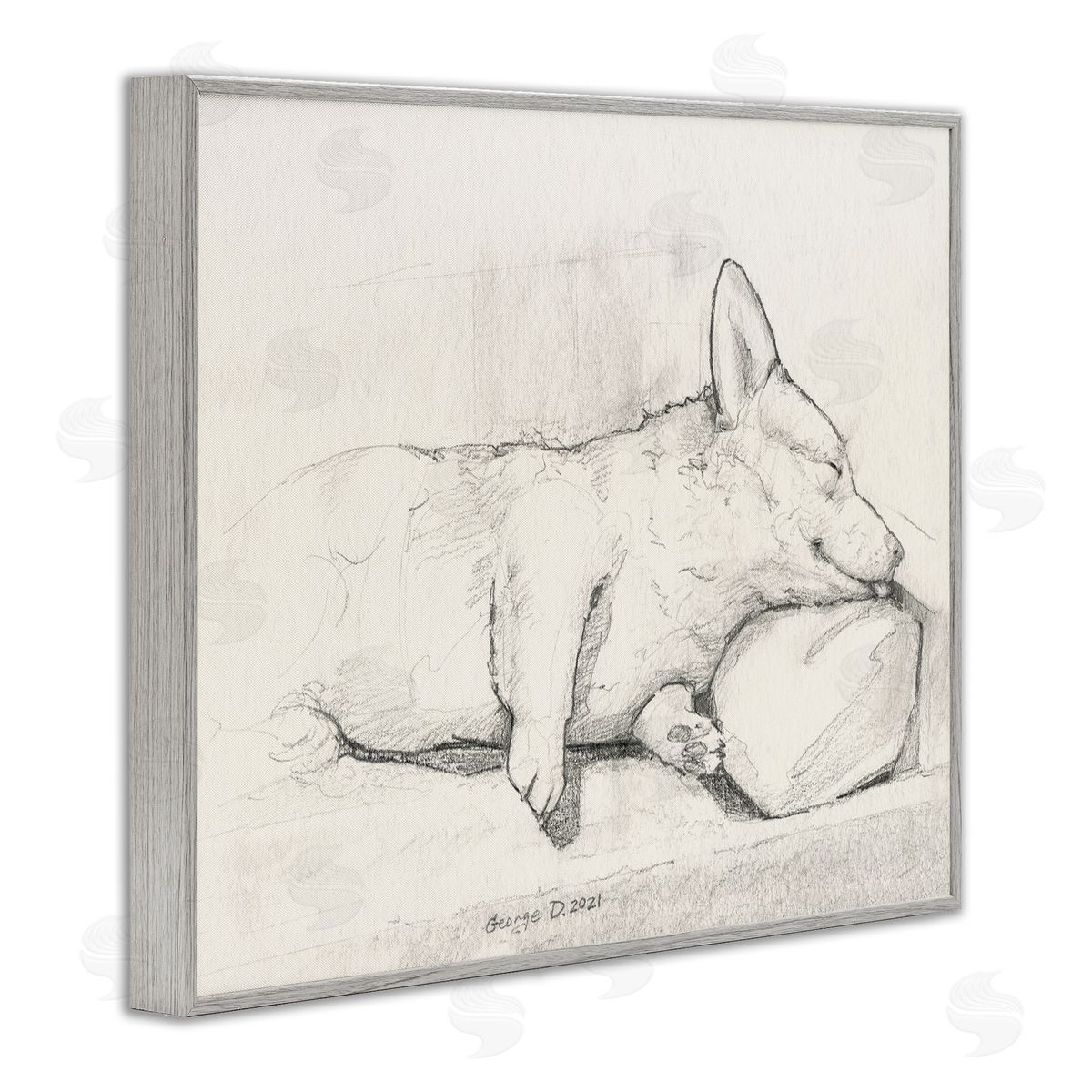 George Dyachenko Corgi Dog Lolling Tongue Graphite Pencil Sketch Gray Framed Giclee Wall Art Print