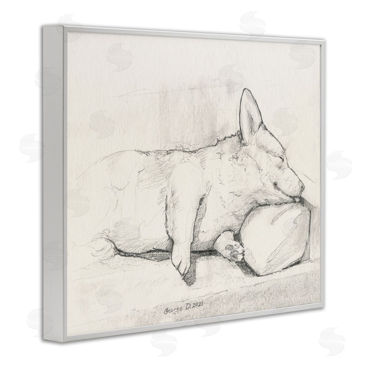 George Dyachenko Corgi Dog Lolling Tongue Graphite Pencil Sketch White Framed Giclee Wall Art Print
