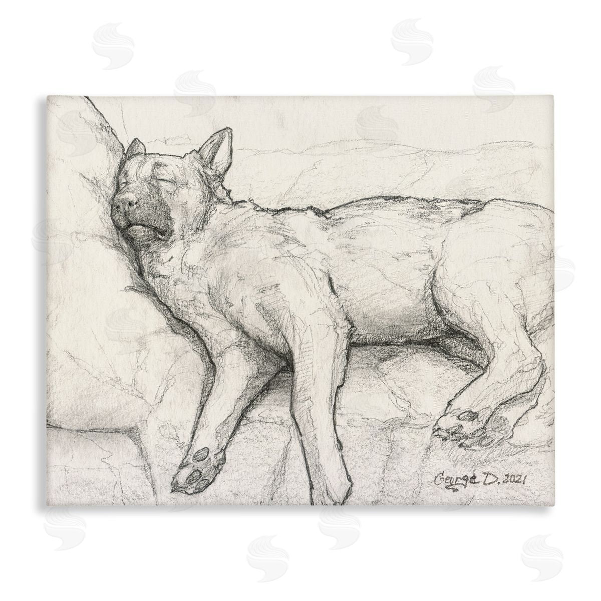 George Dyachenko Tired Dog Sleeping Intricate Graphite Pencil Sketch Stretched Canvas Wall Art Print