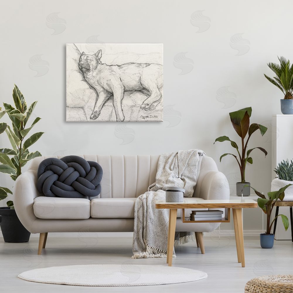 George Dyachenko Tired Dog Sleeping Intricate Graphite Pencil Sketch Canvas Wall Art Print in Room