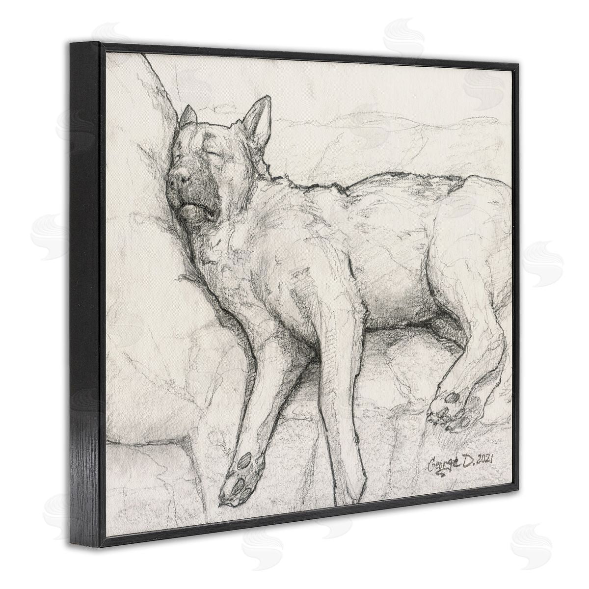 George Dyachenko Tired Dog Sleeping Intricate Graphite Pencil Sketch Black Framed Giclee Wall Art Print
