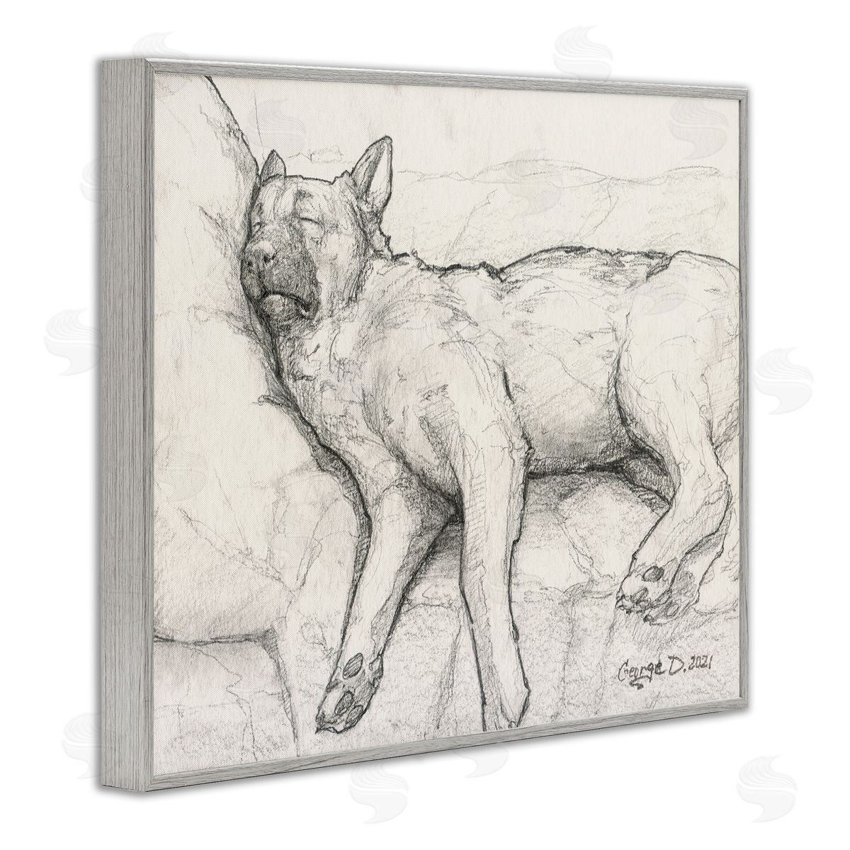 George Dyachenko Tired Dog Sleeping Intricate Graphite Pencil Sketch Gray Framed Giclee Wall Art Print