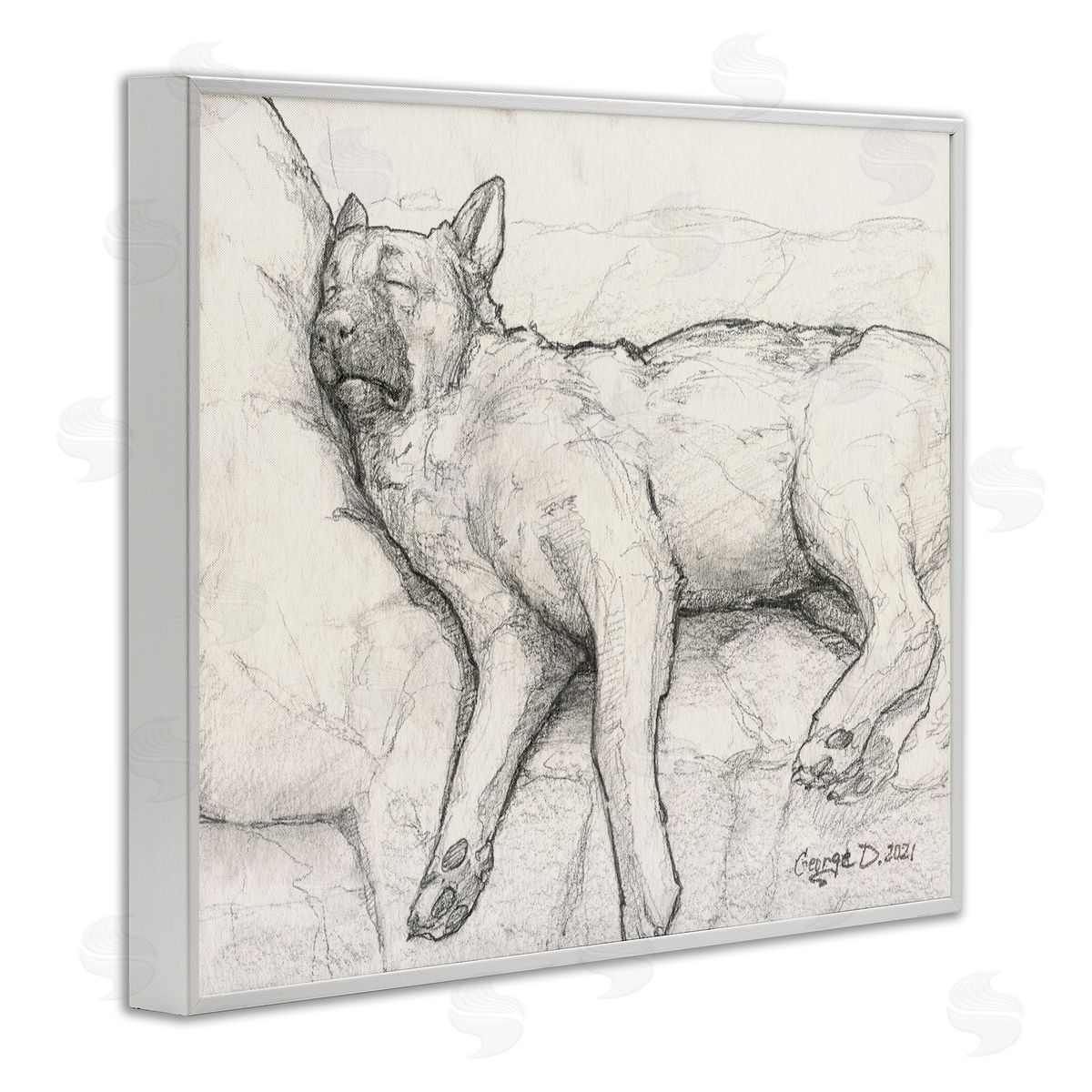 George Dyachenko Tired Dog Sleeping Intricate Graphite Pencil Sketch White Framed Giclee Wall Art Print