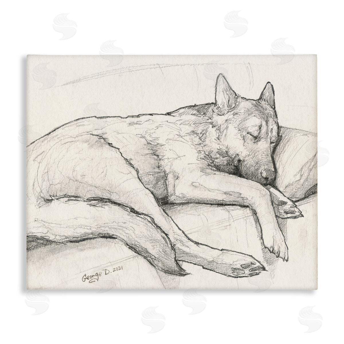 George Dyachenko Dog Curled Up Resting Detailed Graphite Pencil Drawing Stretched Canvas Wall Art Print