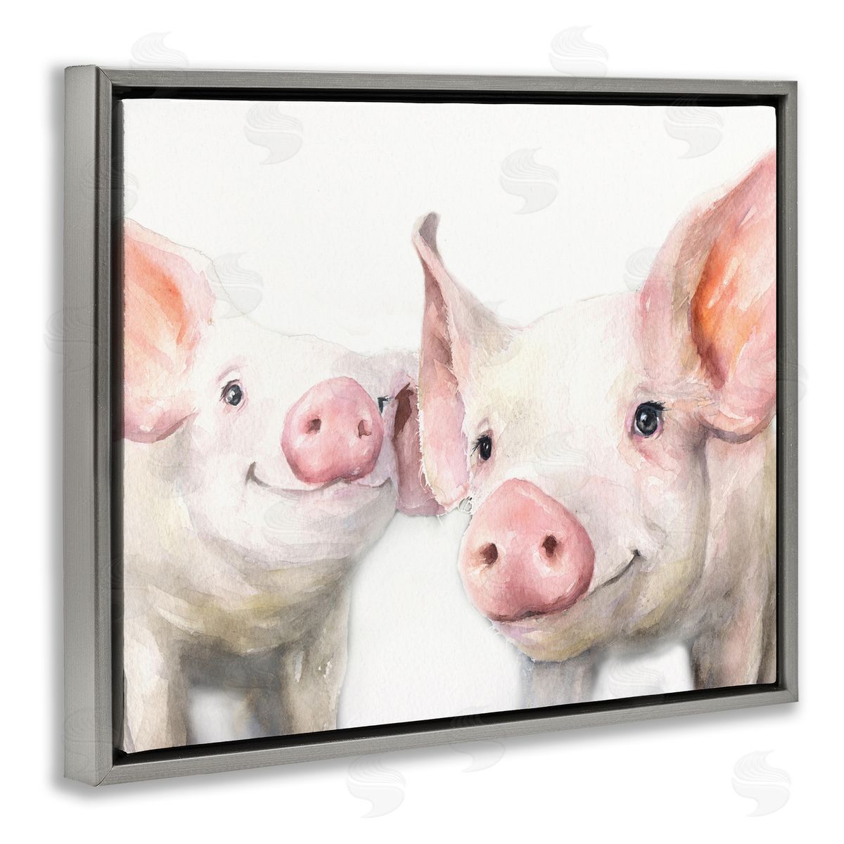 George Dyachenko Pair Pigs Pink Snout Cute Farm Animals  Gray Floating Frame Canvas Wall Art Print