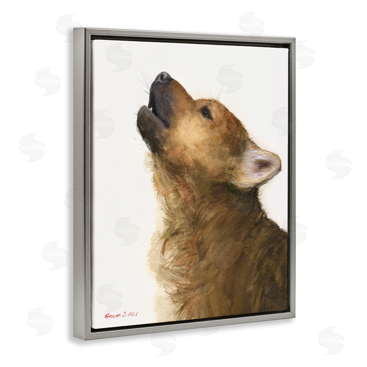 George Dyachenko Howling Brown Dog Portrait Intricate Details Painting Gray Floating Frame Canvas Wall Art Print