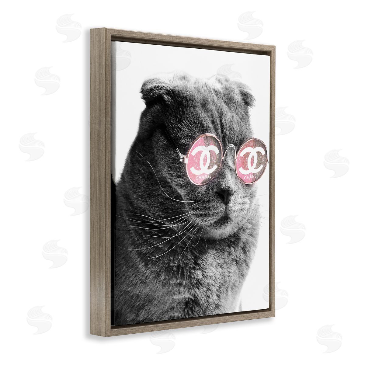 Ziwei Li Trendy Cat Wearing Glam Fashion Pink Sunglasses  Brown Floating Frame Canvas Wall Art Print