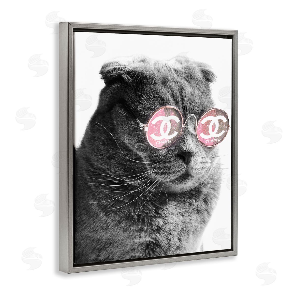 Ziwei Li Trendy Cat Wearing Glam Fashion Pink Sunglasses  Gray Floating Frame Canvas Wall Art Print