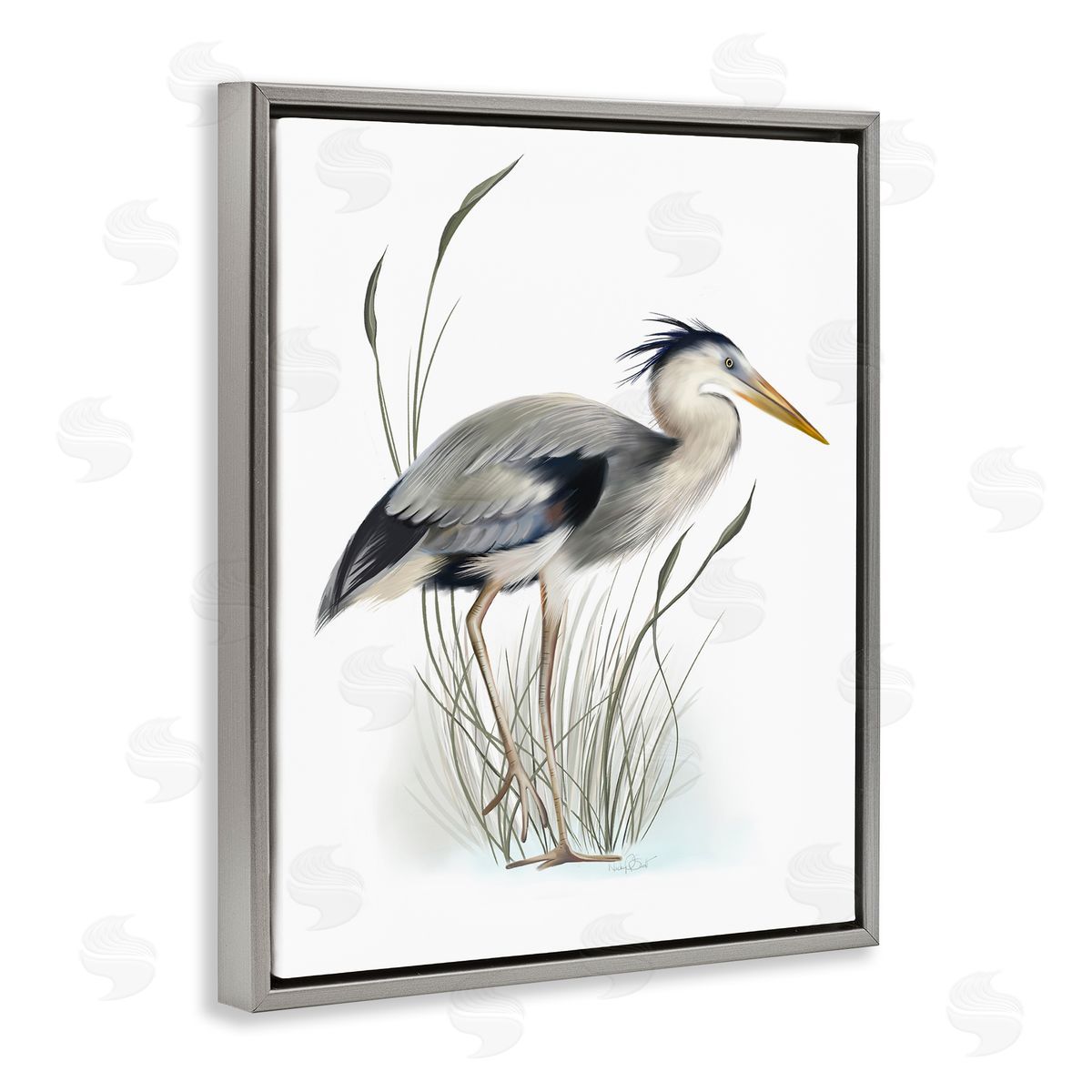 Studio Q Detailed Heron Bird Leering Wetland Grass Marsh Gray Floating Frame Canvas Wall Art Print