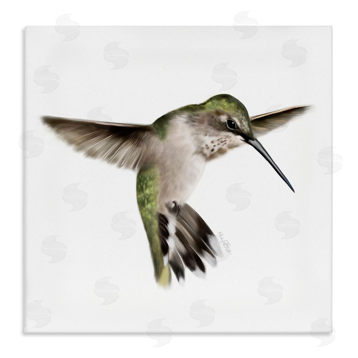 Studio Q Green Hummingbird Hovering Wings Flying Bird Beak Stretched Canvas Wall Art Print
